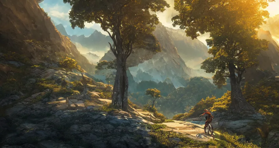 Prompt: An epic fantasy anime style landscape painting of a Mountainrange, with a Mountainbiker and a blue umbrella, unreal 5, DAZ, hyperrealistic, octane render, dynamic lighting