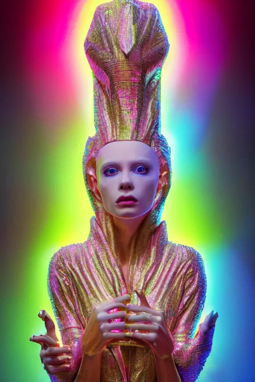 Image similar to hyper detailed ultra sharp portrait of baroque and bladerunner delicate neon diamond sculpture of seductive albino pharaoh kit butler, diamond pink sphinx iridescent humanoid deity wearing metallic hoody made out of hands holding the sun prismatic dungeon, glowing blue face, crown of white diamonds, cinematic lighting, photorealistic, octane render 8 k depth of field 3 d