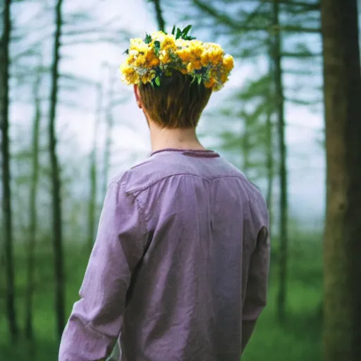 Image similar to kodak portra 4 0 0 photograph of a skinny blonde guy standing in field of dead trees, back view, flower crown, moody lighting, telephoto, 9 0 s vibe, blurry background, vaporwave colors, faded!,