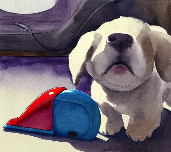 Image similar to A puppy barking at a vacuum cleaner, watercolor painting, trending on artstation