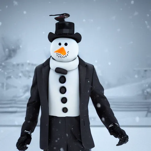 Image similar to a highly detailed humanoid snowman in business suit with black eyes and mouth, no nose, hyperrealism, professional, octane render, full length, digital art