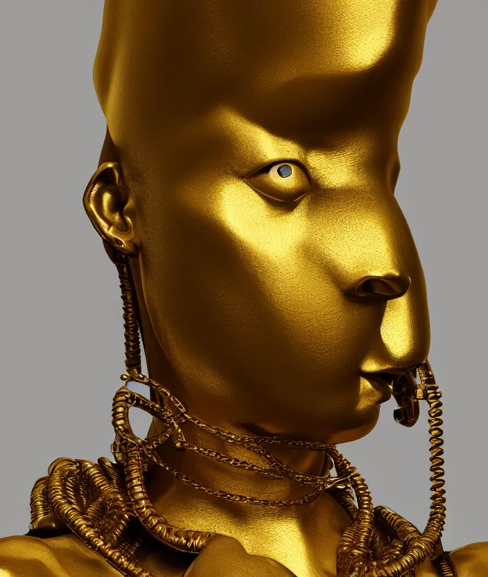 Image similar to a portrait of a stoic statue wearing a neck collar made of gold, cyberpunk, aesthetic, naturel, hyper detailed, digital sculpture, trending in artstation, cinematic lighting, studio quality, smooth render, unreal engine 5 rendered, octane rendered, art style by klimt and nixeu and ian sprigger and wlop and krenz cushart