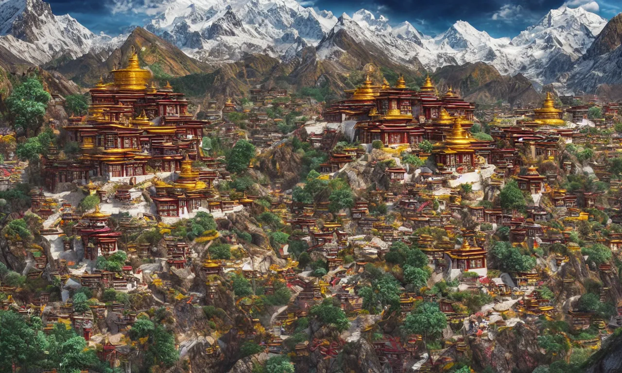 Image similar to Breathtaking Tibetan monastery, snowcapped mountains,mvivid colors, high details, cinematic, 8k resolution, beautiful detailed, photorealistic, digital painting, artstation, concept art, smooth, sharp focus, illustration, fantasy background, artstation trending, octane render, unreal engine