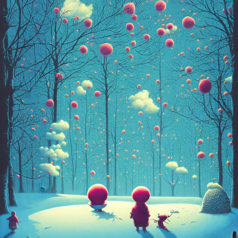 Image similar to snow ball, summer morning, very coherent and colorful high contrast, art by! gediminas pranckevicius! geof darrow, pastel color, volumetric lighting, cinematic, floralpunk screen printing woodblock, dark shadows, hard lighting, stippling art