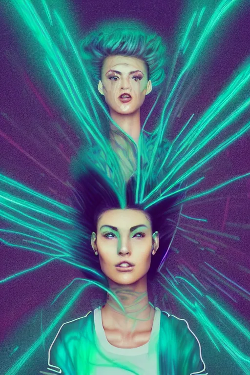 Image similar to a award winning half body portrait of a beautiful woman with stunning eyes in a croptop denim jacket and cargo pants with ombre green teal hairstyle head in motion and hair flying while dancing by thomas danthony, surrounded by whirling illuminated lines, outrun, vaporware, shaded flat illustration, digital art, trending on artstation, highly detailed, fine detail, intricate