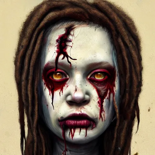 Image similar to color head portrait of young alison shaw from the cranes as a zombie with black dreadlocks, 7 days to die zombie, gritty background, fine art, award winning, intricate, elegant, sharp focus, cinematic lighting, digital painting, 8 k concept art, art by michael hussar, art by brom, art by guweiz and z. w. gu, 8 k