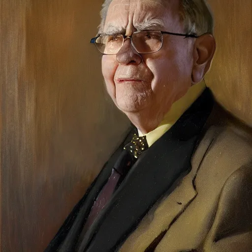 Image similar to detailed realistic cinematic wide shot of beautiful attractive young warren buffet hybrid bear tech man wearing gold suit robe slim face symettrical face clean skin black eyes black robe smooth, sharp focus, ultra realistic, spring light, painting by gaston bussiere, craig mullins, j. c. leyendecker