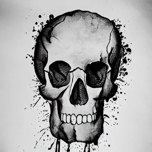 Prompt: a skull made out of ink splashes on stained paper