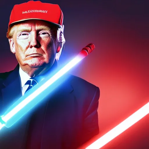 Prompt: donald trump with a lightsaber, dynamic lighting, highly detailed