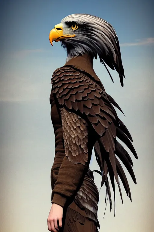 Image similar to epic professional digital art of sitting female human - eagle hybrid wearing human air force jumpsuit, feathered head, eagle beak, sitting, sitting, by lisa roet, reyna rochin, ignacio fernandez rios, leesha hannigan, wayne haag, artstation, cgsocietywlop, epic, much wow, much detail, gorgeous, detailed, 4 k