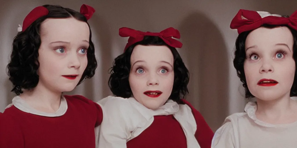 Image similar to a still from Snow White of the twins from The Shining, overlook hotel