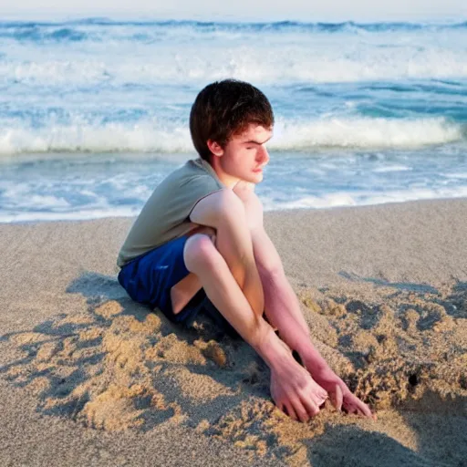 Image similar to beautiful teenage boy with pale skin amd natural brown hair is digging in the sand on a beach. Blue sky. Detailed face. Photo 8K.