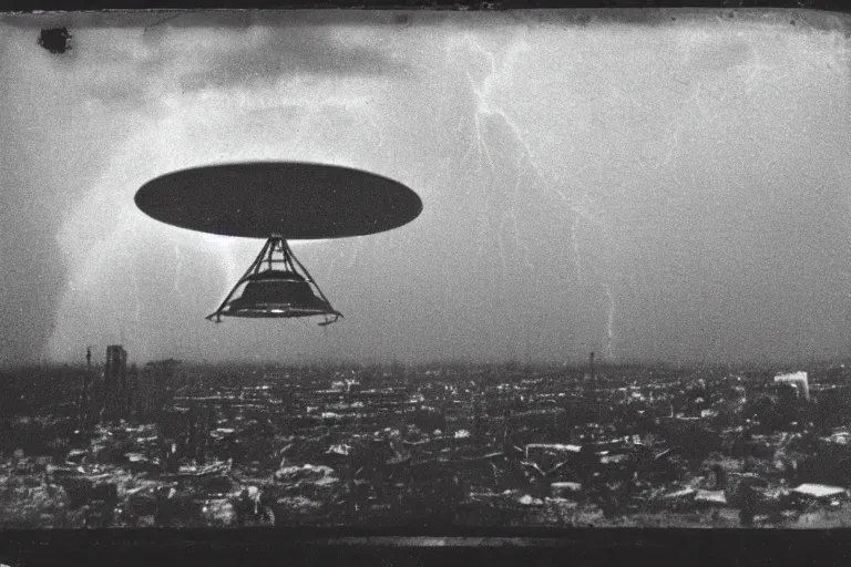 Image similar to dark old polaroid of an ufo flying above an destroyed city during a thunderstorm, pictorialism, fallout, desolate, wide angle, award winning