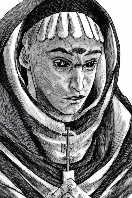 Image similar to portrait of Daniel Trejo in costume of church nun, intricate, highly detailed, artstation, manga illustration by Kentaro Miura