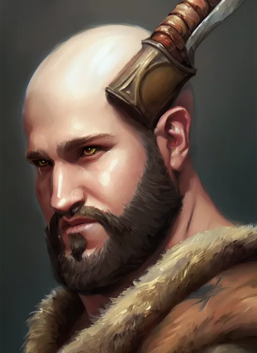 Image similar to a _ fantasy _ style _ portrait _ painting _ of chubby white barbarian male very short hair short stubble, brown hair, rpg dnd oil _ painting _ unreal _ 5 _ daz. _ rpg _ portrait _ extremely _ detailed _ artgerm _ greg _ rutkowski _ greg