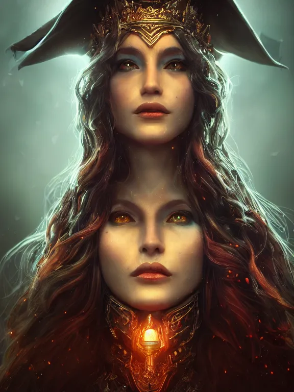 Image similar to portrait art of witch queen 8k ultra realistic , lens flare, atmosphere, glow, detailed,intricate, full of colour, cinematic lighting, trending on artstation, 4k, hyperrealistic, focused, extreme details,unreal engine 5, cinematic, masterpiece