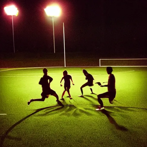 Image similar to “ a photo of two teams playing ultimate frisbee on a soccer field at night with stadium lights ”