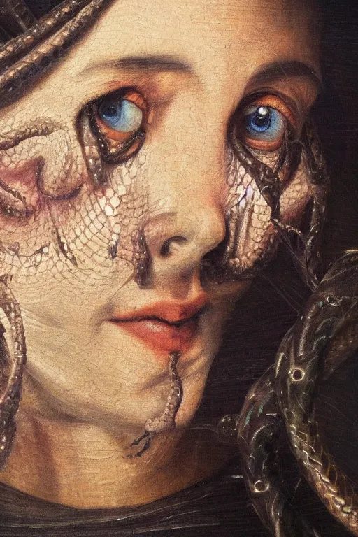 Prompt: hyperrealism oil painting, close - up portrait of face from a tangle of snakes medieval fashion model, knight, steel gradient mixed with nebula sky, in style of baroque