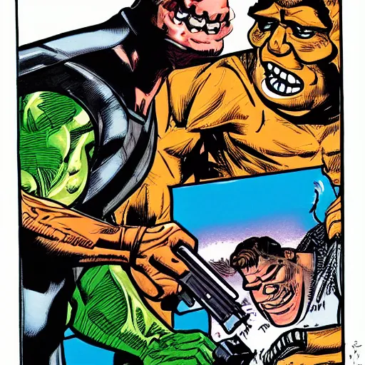 Prompt: terminator killing shrek, illustration by Jack Kirby