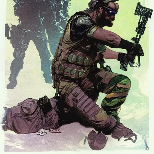 Image similar to Sam Fisher blackops operator choking out a guard. rb6s, MGS, and splinter cell Concept art by James Gurney, Alphonso Mucha. Vivid color scheme.