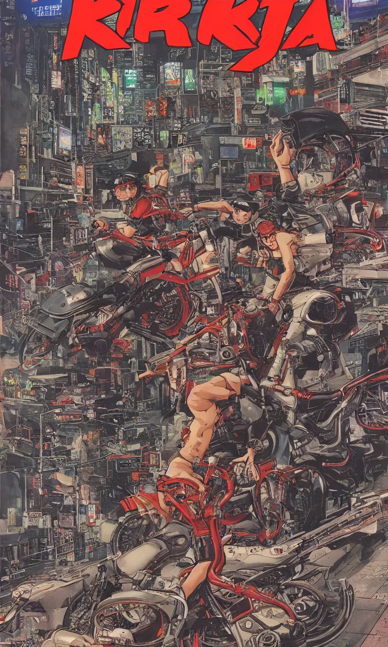 Prompt: akira by john berkley, pulp cover, very detailed action scene, cyberpunk bike race in neo tokyo