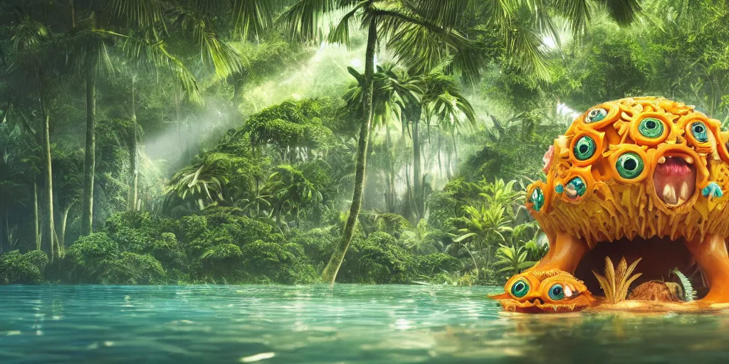 Image similar to of a tropical rainforest lake with strange cute friendly happy creatures with huge eyes, mouth, long tongue, round teeth and goofy face, appearing from the water, in the style of gehry and gaudi, macro lens, shallow depth of field, ultra detailed, digital painting, trending artstation, concept art, illustration, cinematic lighting, photorealism, epic, octane render