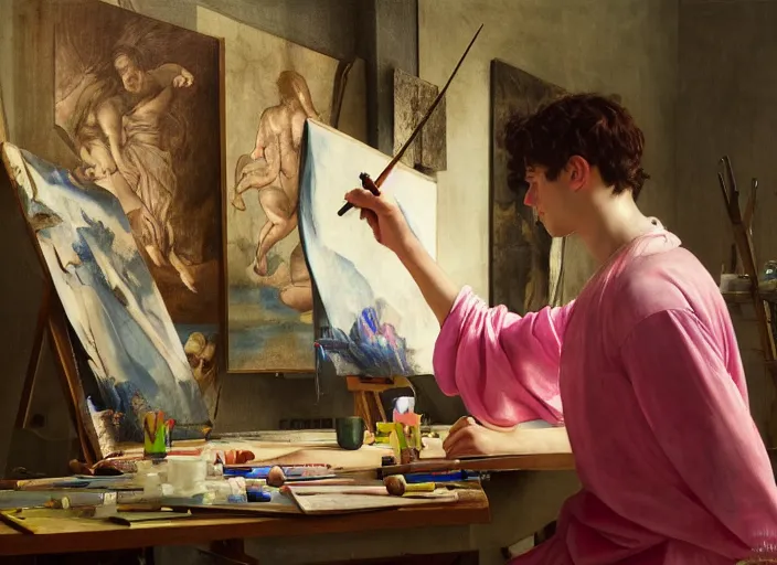 Image similar to a young painter in his studio painting a picture of a pink pokemon, by edgar maxence and caravaggio and michael whelan and delacroix style, artistic, intricate drawing, cinematic lighting, hyper realistic, extremely detailed, establishing shot, 8 k resolution, dramatic lighting
