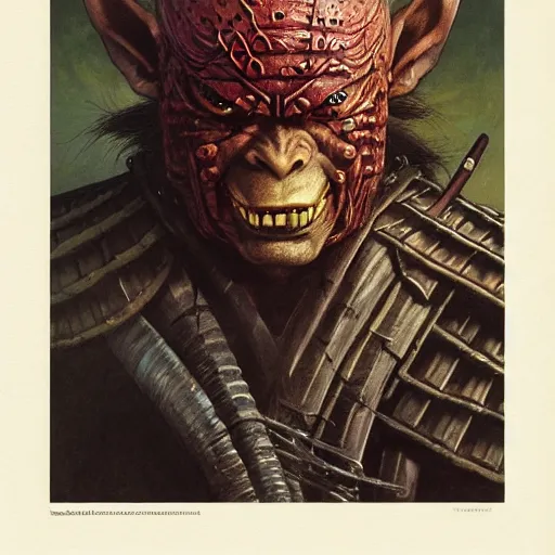 Image similar to head and shoulders portrait of a samurai hobgoblin, d & d, fantasy, greg rutkowski, frank frazetta, alexandre chaudret, boris vallejo, michael whelan, miro petrov, hr giger, magali villeneuve, donato giancola