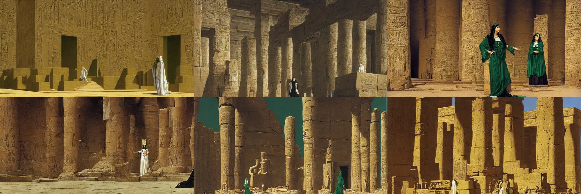 Prompt: the archpriestess stands at the daïs of the great sandstone temple of Sobek-Ra all decorated in emerald and silver, painting by Jean-Léon Gérôme