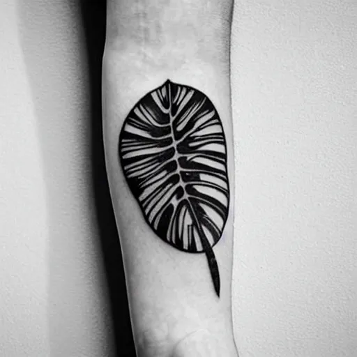 Image similar to a thin detailed black line drawn tattoo of a monstera deliciosa leaf, intricate details, ornamental, elegant, symmetrical!! symmetrical - tatoo!!