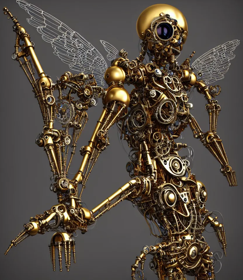 Image similar to steampunk cybernetic biomechanical robotic angel of death, symmetrical, front facing, 3 d model, very coherent symmetrical artwork, unreal engine realistic render, 8 k, micro detail, gold and steel intricate, elegant, highly detailed, digital painting, artstation, smooth, sharp focus, illustration, artgerm, tomasz alen kopera, wlop