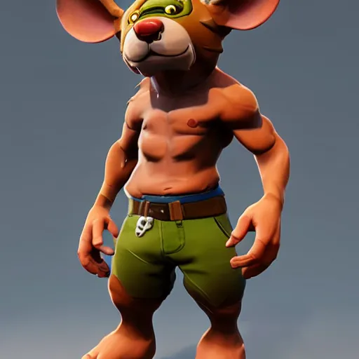 Prompt: a cute muscular rat wearing shorts, 3D render, Z-Brush sculpt, fortnite style