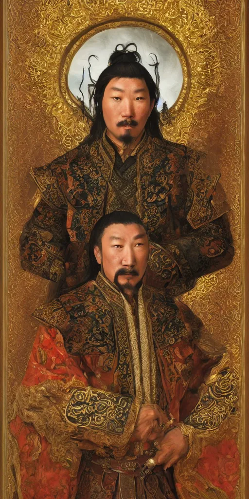 Image similar to a stunning and noble highly detailed romantic period style portrait of Genghis Khan by Josep Tapiró Baró, trending on artstation, oil painting masterpiece, symmetry, fractals, Mongolian iconography