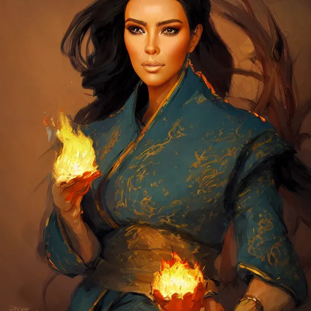 Image similar to Kim Kardashain as a firebender, portrait, elegant, intricate, digital painting, artstation, concept art, smooth, sharp focus, illustration, art by konstantin korovin and Daniel F. Gerhartz and john howe