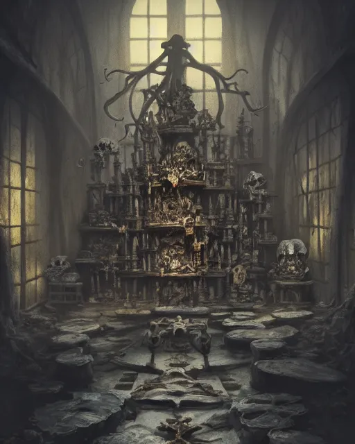 Image similar to full color, low ultrawide interior shot of sedlec ossuary, bones, smooth concept art in anime style mixed with fujifilm, dark, foggy, atmospheric, artstation, cgsociety, rendered, denoise, cinematic masterpiece