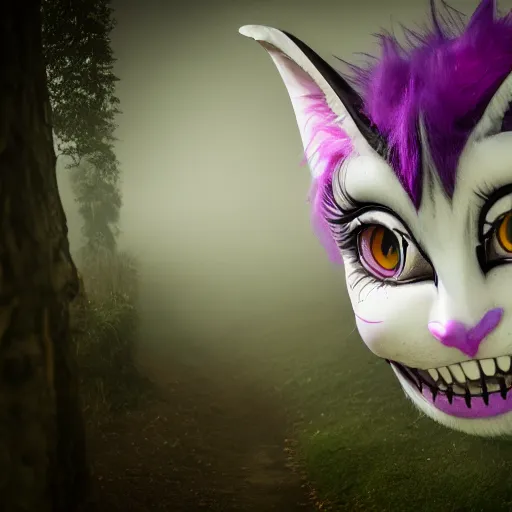 Image similar to vanishing cheshire cat, volumetric lighting, fog, vanishing, disaspora, modelsociety, radiant skin, huge anime eyes, rtx on, perfect face, intricate, sony a 7 r iv, symmetric balance, polarizing filter, photolab, lightroom, 4 k, dolby vision, photography award