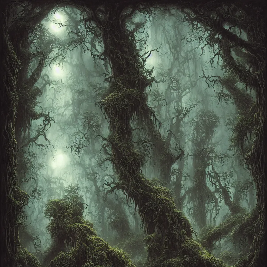 Image similar to a dark lush haunted sequoia forest at night, upward cinematic angle, J.R.R. Tolkien, by Rodney Matthews, P. Craig Russell and Andreas Rocha, dim moonlight, beautiful composition, intricate, elegant, digital art, detailed, mixed media painting, hyperrealistic, sharp focus, 8k