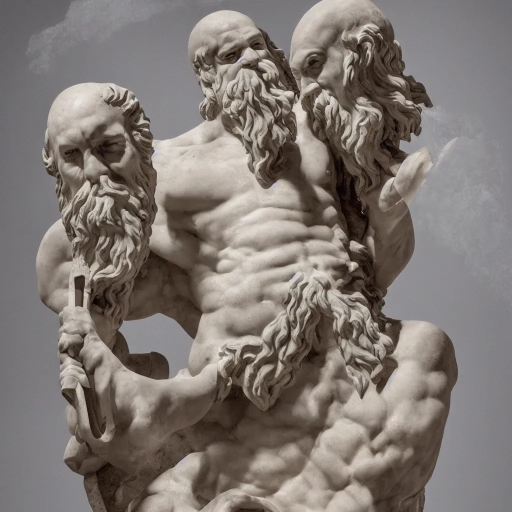 Image similar to epic greek marble statue of a bald man with a long beard playing a marble guitar, photo, chiaroscuro