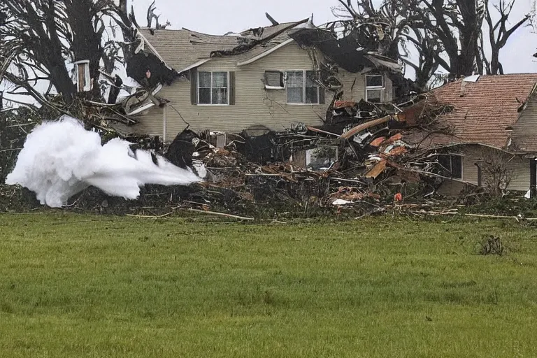 Image similar to a far away shot of a tornado hitting a house