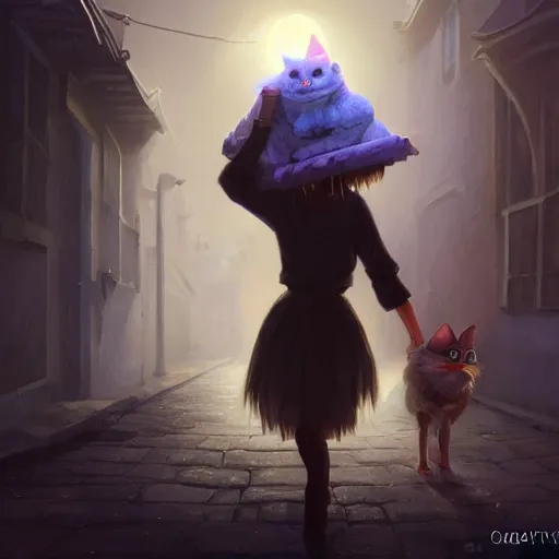 Prompt: Portraiture of Misty-Mitzy the Moon Moggy, huggy wuggy from poppy playtime video game sneaking through the streets of a medieval village at night, glowing lights, oil painting, Greg Rutkowski, Charlie Bowater, Beeple, unreal 5, DAZ, hyperrealistic, octane render, RPG portrait, dynamic lighting, fantasy art, beautiful face