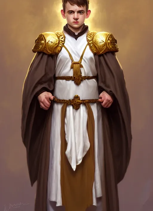 Image similar to symmetry!! portrait of a young halfling male cleric, white robe with gold accents, light brown hair pony tail, wry smirk, brown, gold and white cloak, necklace, elegant, highly detailed, digital painting, artstation, concept art, smooth, sharp focus, illustration, art by artgerm and greg rutkowski and alphonse mucha