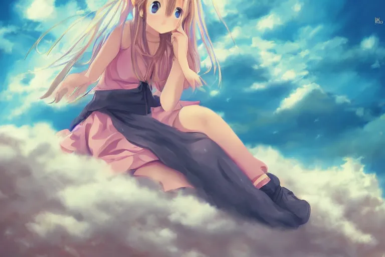 Image similar to a cute anime girl sitting on a cloud, digital painting, anime, portrait