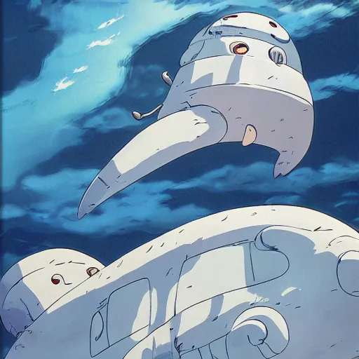 Image similar to huge white space whale, Miyazaki style, Studio Ghibli,moving castle, canvas, oil, animation, ultra details, very very very very wonderful