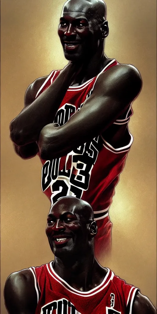 Image similar to portrait of michael jordan, intricate, elegant, highly detailed, digital painting, artstation, concept art, smooth, sharp focus, illustration, art by artgerm and greg rutkowski and alphonse mucha and william - adolphe bouguereau