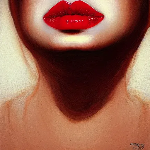 Image similar to “ hyperrealistic portrait of a beautiful woman, pale skin, red lips, tongue licking lips, drenched in honey by mike dargas ”