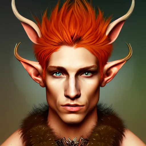 Image similar to portrait painting of an elven young man with short light orange hair and tribal tattoos on his face wearing fur armor, sharp focus, award - winning, trending on artstation, masterpiece, highly detailed, intricate. art by merwild and ernesto irawan and rachel denton