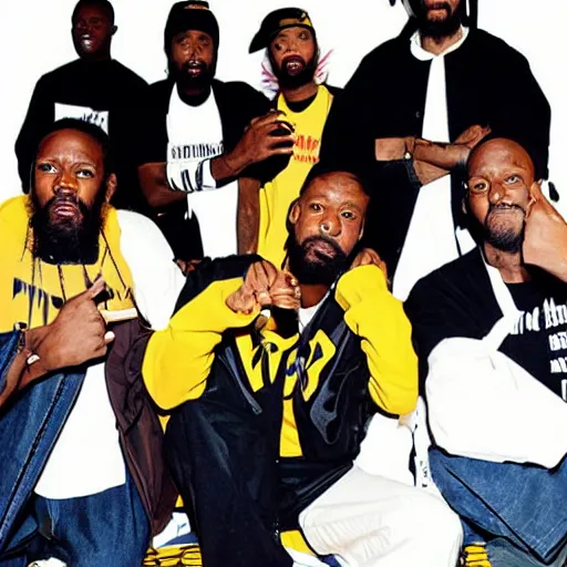 Prompt: the wu tang clan poses for a photo, magazine cover