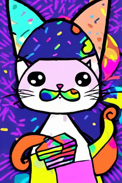 Prompt: i really love cat with paper bag on head + cute + adorable animation + lisa frank + kawaii