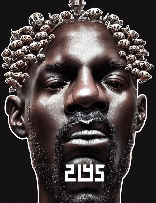 Image similar to symmetrical, centered, zbrush sculpt of michael jordan close - up portrait with crown made of skulls. phoenix betta fish, phoenix, bioluminiscent creature, super intricate ornaments artwork by tooth wu and wlop and alena aenami and greg rutkowski