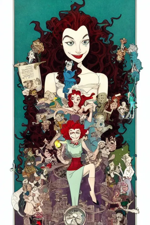 Image similar to portrait of crazy mad lady scientist, cruella devil, merida, olivier armstrong, elsa, elastigirl, vanellope von schweetz, flame princess, toph, garnet, mikasa ackerman, stylized illustration by peter mohrbacher, moebius, mucha, victo ngai, colorful comics style, clean line